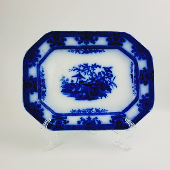 Stunning Antique Davenport Amoy Flow Blue 13" Platter Asian Design, c.1840s - Picture 2 of 15